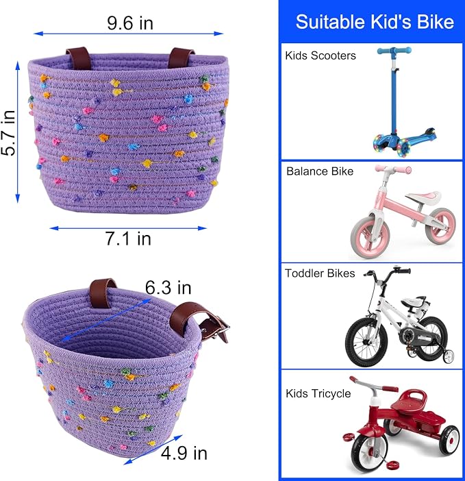 Kids Bike Basket for Boys and Girls, Children's Bicycle Basket Woven With Sisal Rope, Cute Decorative Accessories for Balance Bikes and Scooters
