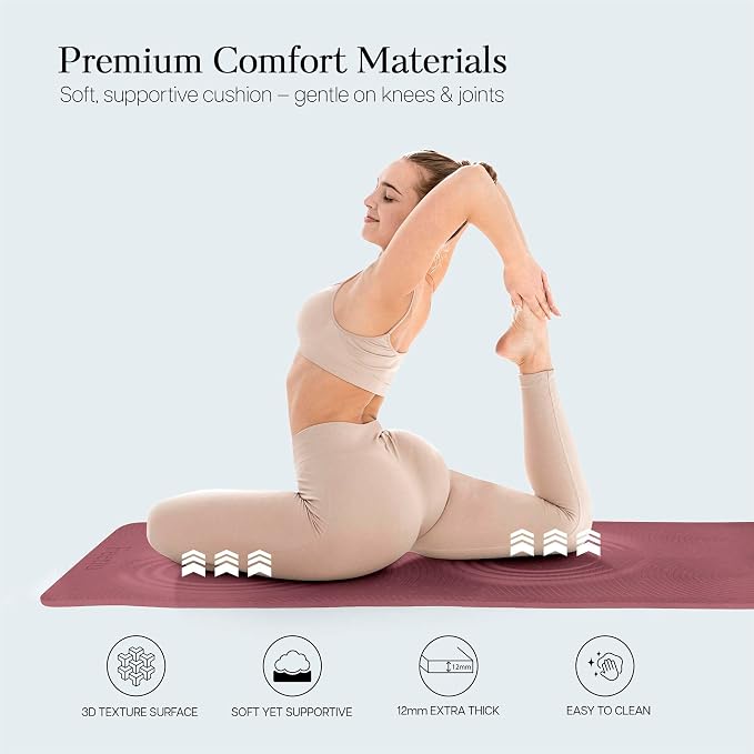 Extra Thick 12mm Exercise Mat – 74"L x 26"W Inch, Non-Slip, Joint-Friendly & Cushioned Fitness Mat for Yoga, Pilates & Floor Workouts – Durable, Supportive & Includes Feetlu Classic Strap
