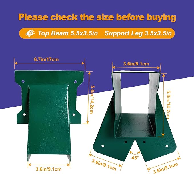 A-Frame Swing Set Brackets - DIY Swing Set Bracket for 4x4 Legs & 4x6 Beam, Installed on Wooden or Concrete Floors, Green (1 Middle Bracket +2 Bases)