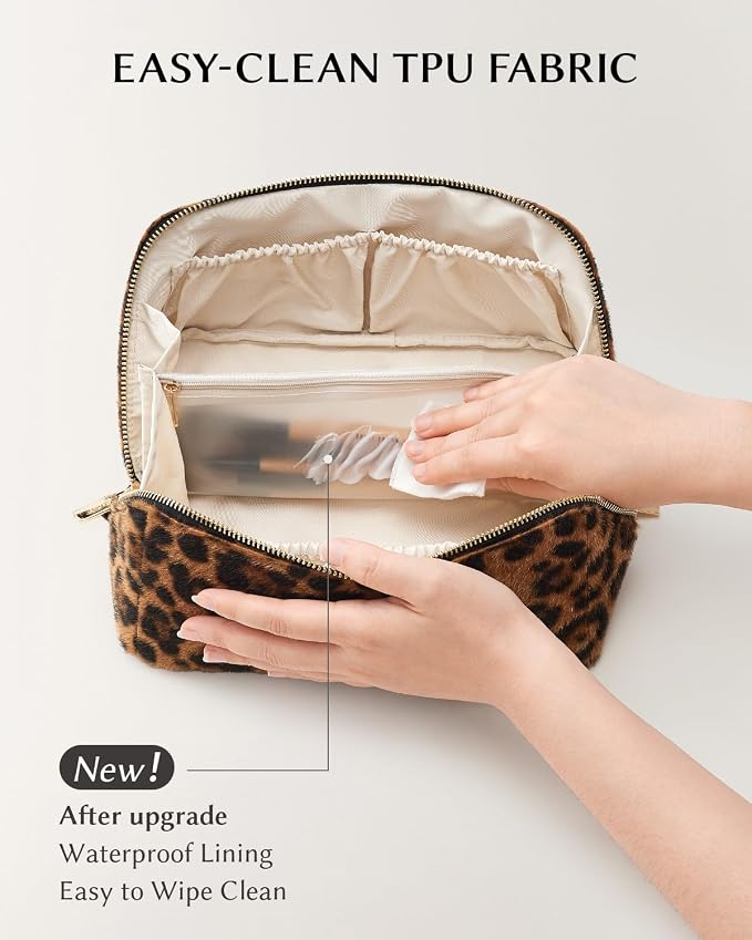 EACHY Travel Makeup Bag, Large Capacity Cosmetic Bag for Women, Waterproof PU Leather, Flat Open Portable Toiletry Bag for Skincare, Brushes & Travel Essentials