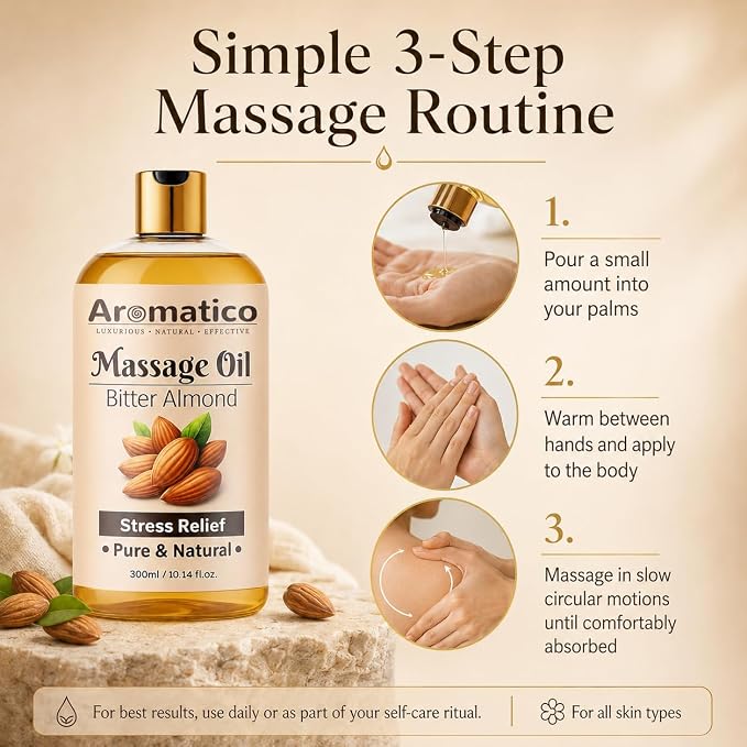 AROMATICO Almond Massage Oil. Hydrates & nourishes Skin, soothes Irritation, Improves Texture & Promotes Relaxation - 10 Fl Oz Rich in Vitamins & Essential Fatty acids, enhances Circulation.