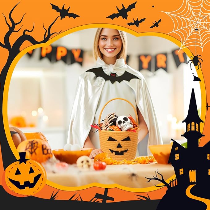 Halloween Basket with Handle Cute Bucket Cotton Rope Woven Candy Server Bag Pumpkin Witch Cat Pig Storage Basket for Halloween Party Favor(Bucket Pumpkin,Orange,1 Pack)