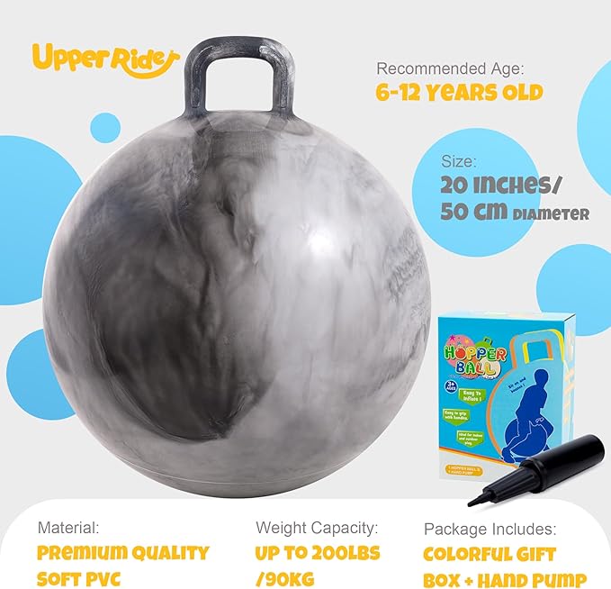 Upper Rider Clouds Hopper Ball for Kids,20 Inch Bouncy Ball with Handle,Grey Inflatable Hippity Hop for Boys Girls Aged 6-12, Indoor Outdoor Jumping Toys Gift with Pump