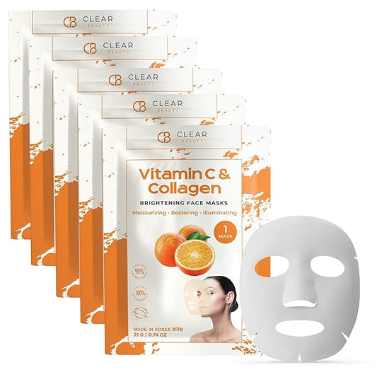 Clear Beauty Vitamin C & Collagen Face Mask - Dermatologist Tested, Diminishes Fine Lines & Wrinkles, Anti-Aging, Natural Ingredients Cruelty-Free Korean Skin Care, All Skin Types - 4 Pack