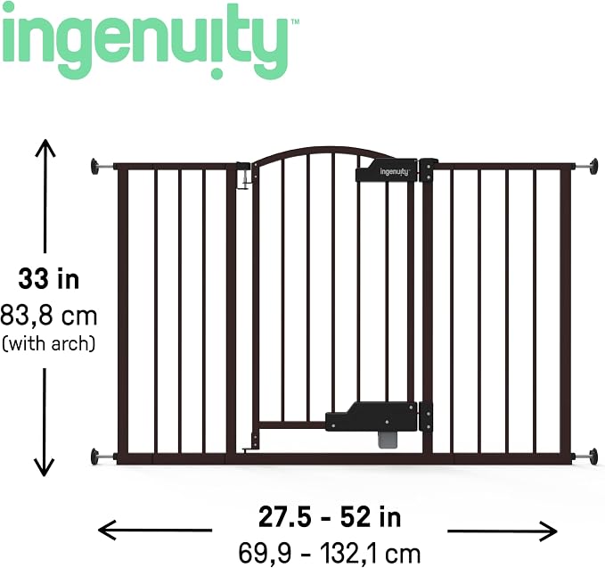 Ingenuity Easy Open Baby Gate & Dog Gate, Hands-Free Open Patent-Pending Foot Pedal, 27.5"-52" Wide, 28" Tall, Hardware or Pressure Mounted, Install in Doorway, Bottom of Stairs, or Wall - Espresso