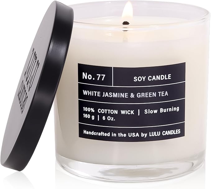 Lulu Candles | White Jasmine & Green Tea | Luxury Scented Soy Jar Candle | Hand Poured in The USA | Highly Scented & Long Lasting- 6 Oz.
