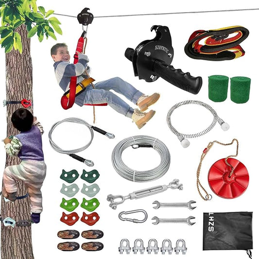 110/130/150/180ft Zipline Kit for Kids and Adults 350Lbs Backyard, Zip Line Stainless Steel Spring Brake, Adjustable Seat, Easy Installation Outdoor Adventure Equipment