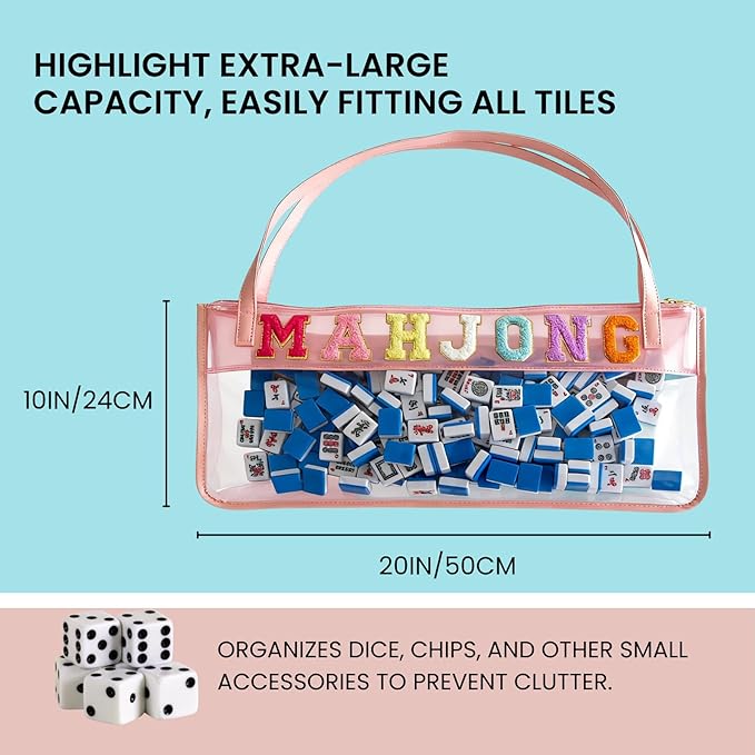 Empty Mahjong Bag -Hand-Embroidered ，PVC Transparent Waterproof Tote Bag for American Tiles, Handheld Storage with Handle-Pink & Blue (pink)