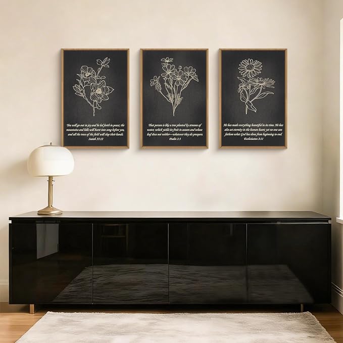 FWIEXA Black Christian Bible Verse Canvas Wall Art Set of 3, Easter Minimalist Scripture Wall Decor, Religious Beige Abstract Floral Painting, 24x36In Vintage Artwork for Living Room,Bedroom,Prayer Room