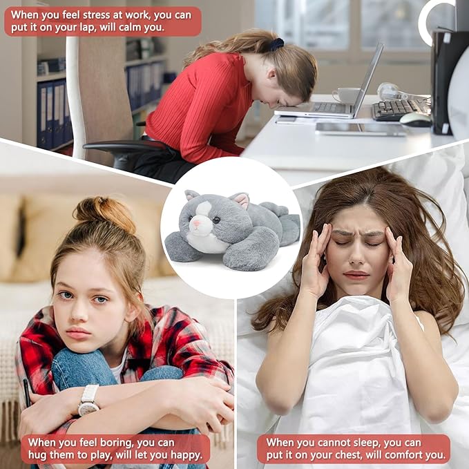 NiuniuDaddy 23.6" | 5 Pounds Grey Cat Weighted Stuffed Animals, Cute Weighted Plush Pillow Comfort Big Large Weighted Pillow Plushies Gifts for Kids & Adults, Include Bag, Stickers, Card on Valentine