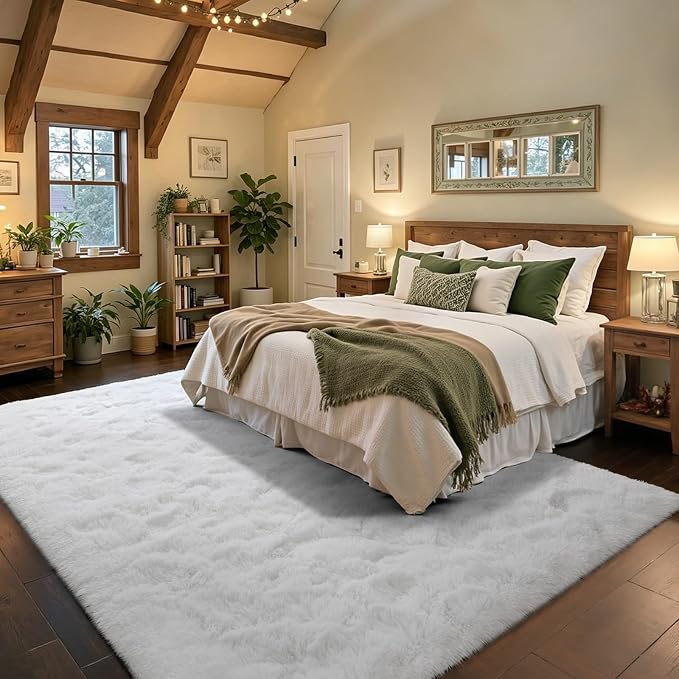5x7 ft White Rugs for Living Room Fluffy Bedroom Rug Non-Slip Area Rugs Shag Carpet for Nursery Kids PlayRoom Dorm Office Indoor Modern Plush Carpets Teens