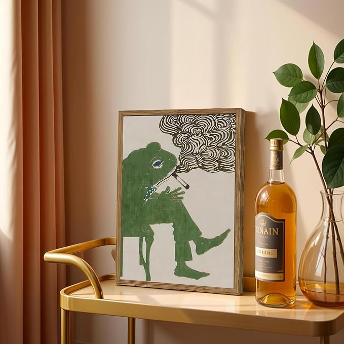 Funny Frog Smoking Wall Art Whimsical Green Frog Wall Decor Painting Cute Animal Bar Cart Poster Canvas Prints for Bedroom Living Room 12x16 inch Wood Framed