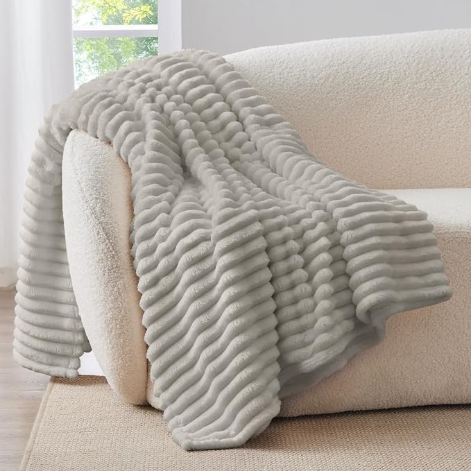 BEDELITE Striped Fleece Throw Blanket, Light Grey, 50"x60" | 300GSM Microfiber Fleece, Soft Cozy, Lightweight Warm, Double-Sided Plush, Machine Washable, Gift, Room Decor, for Couch Sofa