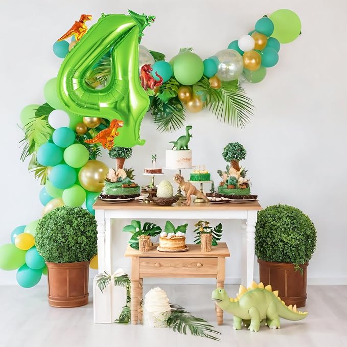 Dinosaur Green Number 4 Balloon, 40 Inch Big Large Foil Helium Green Number Balloon with 4 Pcs Mini Dinosuar, Dinosuar Mylar Balloons Set for 4 Year Old Birthday Party Decorations Supplies