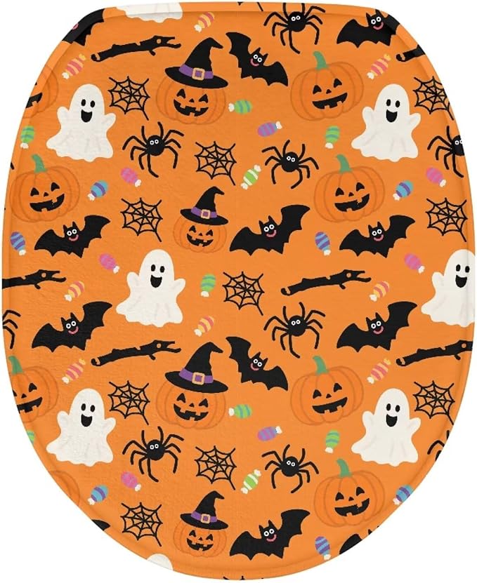 Toilet Seat Cover, Machine Washable Reusable Toilet Lid Cover, Bathroom Decorative Flannel Soft Toilet Lid Cover-Halloween Ghost Pumpkins