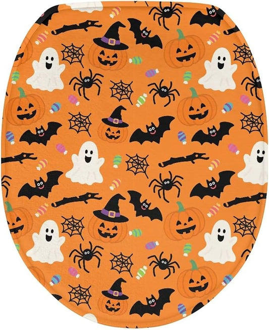 Toilet Seat Cover, Machine Washable Reusable Toilet Lid Cover, Bathroom Decorative Flannel Soft Toilet Lid Cover-Halloween Ghost Pumpkins