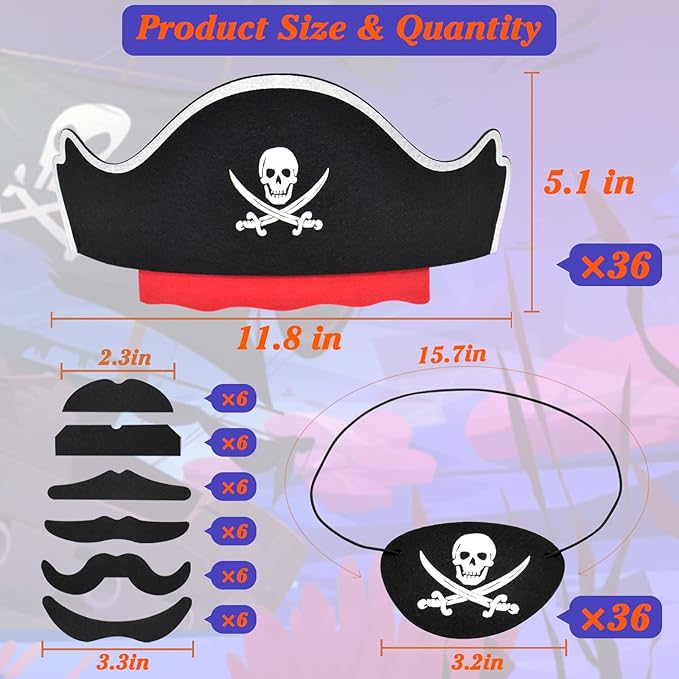 Halatool 36 Set Pirate Accessories Bulk for Kids, Include 36 Felt Pirates Hats with 36 Eye Patches and 36 Mustaches, Pirate Costume Accessories for Halloween, Masquerade, Cosplay, Party Favors Decor
