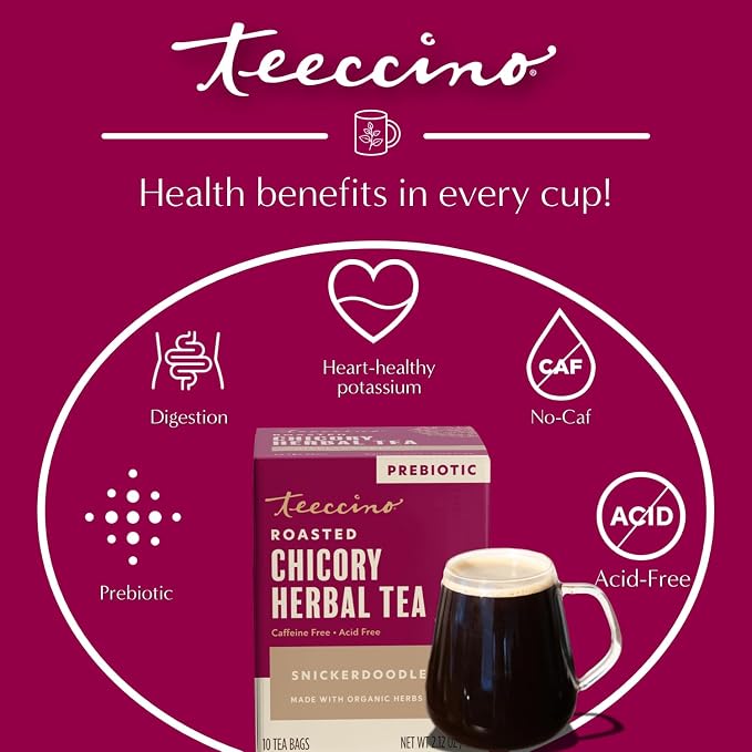 Teeccino Snickerdoodle Herbal Tea - Dessert Beverage That’s Prebiotic, Caffeine-Free & Acid Free, 10 Tea Bags