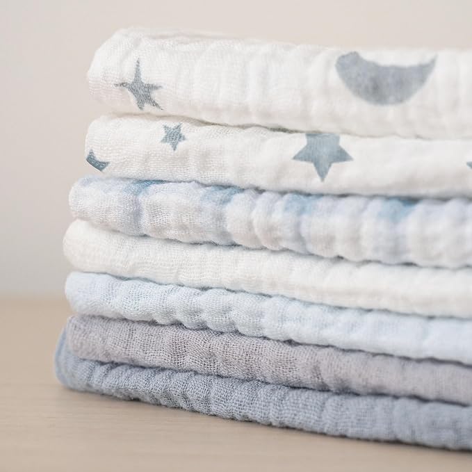 Konssy Baby Muslin Washcloths 7-Pack, 100% Cotton Baby Bath Washcloths, Soft & Absorbent Wash Cloths and Burp Cloths for Newborn Kids Girls & Boys, 11x11 inches