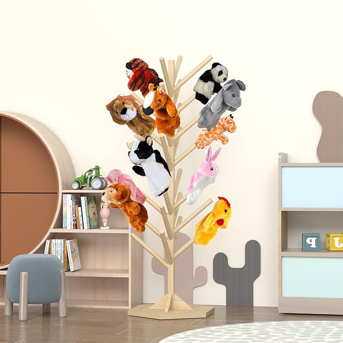 Wooden Puppet Stand – 45.5" Tall Puppet Tree Holds 30 Hand Puppets, Durable Anti-Crush Design for Safe Storage and Display
