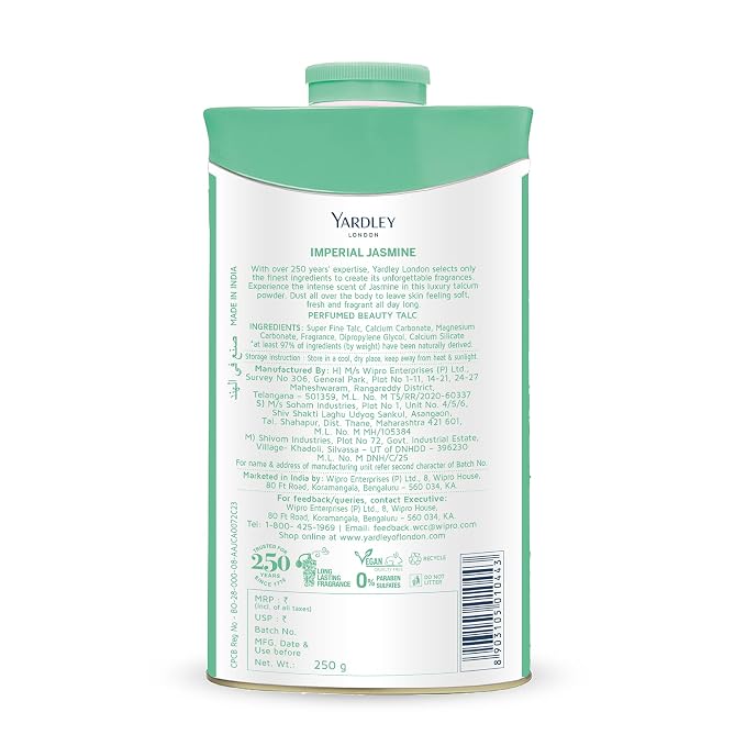 Yardley London Jasmine Perfumed Talcum Powder - 250 g. 8.8 oz, Deodorizing Talc