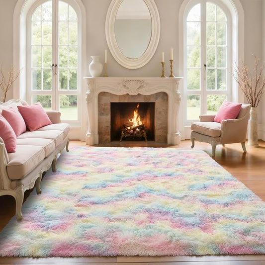 6x9 ft Fluffy Rainbow Area Rug for Bedroom Soft Fuzzy Living Room Rug Non-Slip Shag Rugs Carpet for Nursery Kids Play Room Dorm Office Indoor Modern Plush Carpets