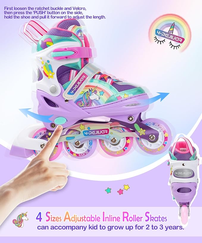 Unicorn Rainbow Inline Skates for Girls Teens Womans,4-Pejiijar Roller Skates for Girls Ages 6-8-12 w/Luminous Wheels,Kids Adjustable Roller Shoes for Birthday Xmas Gifts