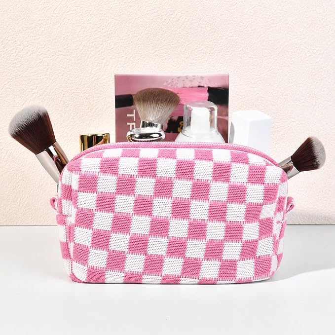 SOIDRAM 2 Pieces Makeup Bag Large Checkered Cosmetic Bag Capacity Canvas Mix Travel Toiletry Bag Organizer Cute Makeup Brushes Aesthetic Accessories Storage Bag for Women, Pink checkered