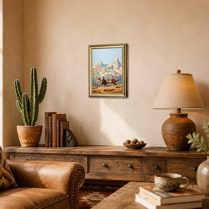 Gold Framed Dinosaur Cowboy Wall Art, Funny Western Cowboy Wall Decor Painting Vintage Southwestern Jurassic Canvas Prints Picture for Living Room Bedroom Farmhouse 16x24 Inch
