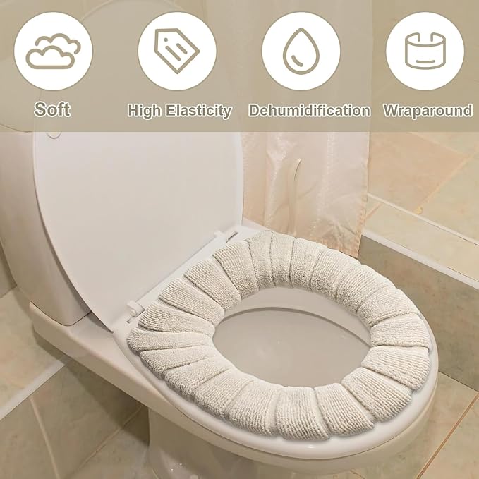 5 Pack Soft Washable Toilet Seat Covers, Thicker & Warmer Stretchable Cloth Pads for Bathroom, Cozy Pink Toilet Accessories Beige