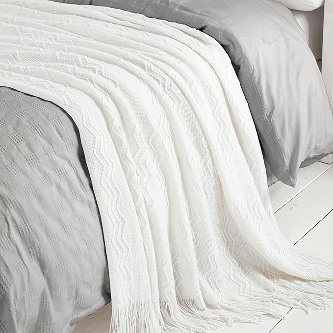 BOURINA Off White Throw Blanket 50x90 Inch Boho KnitSoft Throw Sofa Blanket | Knitted Throw Blanket 50x90 Inches, Soft Lightweight Boho Weave Throw Decorative Couch Blanket for Living Room Bedroom Chair