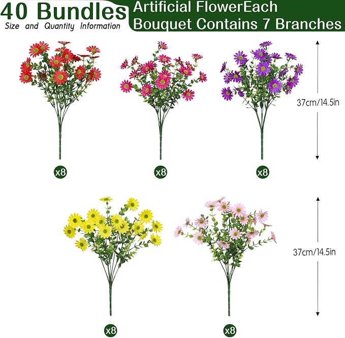 Alupssuc 40 Bundles Artificial Daisies Flowers Fake Silk Plant for Indoor Outdoor Decor, UV Resistant No Fade Faux Spring Flowers for Garden, Porch & Patio Decoration,RedRosyPurpleYellowPink