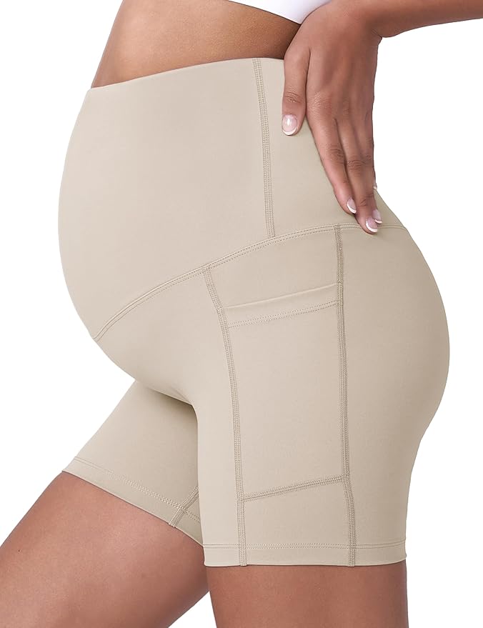 POSHDIVAH Women's Maternity Yoga Shorts Over The Belly Bump Summer Workout Running Active Short Pants with Pockets 5"/8"