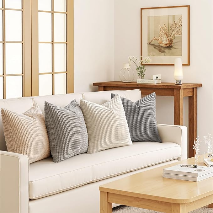 MIULEE Boho Farmhouse Decorative Pillow Covers 20x20 Inch Set of 4 Neutral | Rustic Modern Neutral Home Decor, Couch Throw Pillows, Corduroy Pillowcases for Sofa Living Room Bed