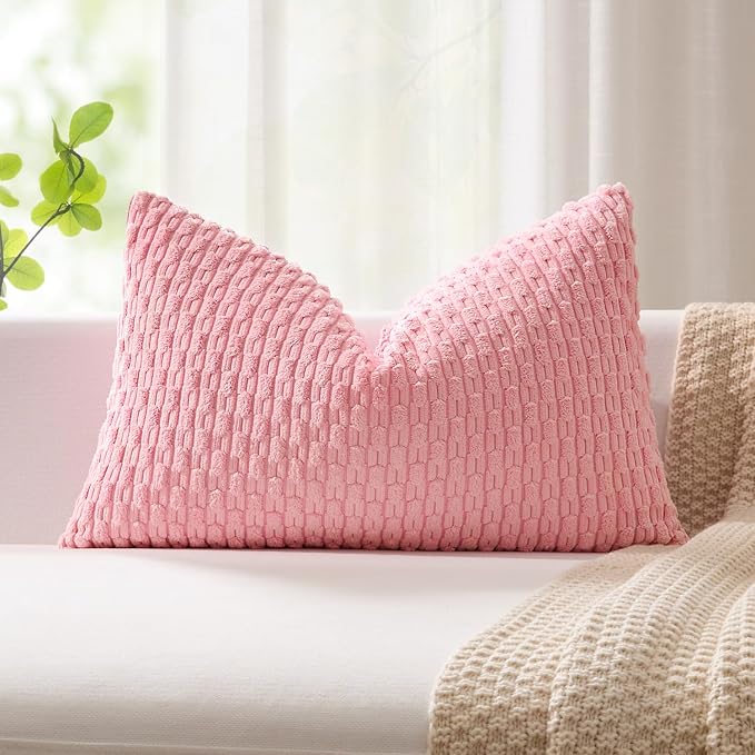 Kevin Textile Soft Corduroy 14"x22" Lumbar Pillow Cover 1 Pack, Pink | Boho Stripe Plush Corduroy Decorative Oblong Cushion Cover Modern Farmhouse Home Decor for Sofa Couch Bed Chair
