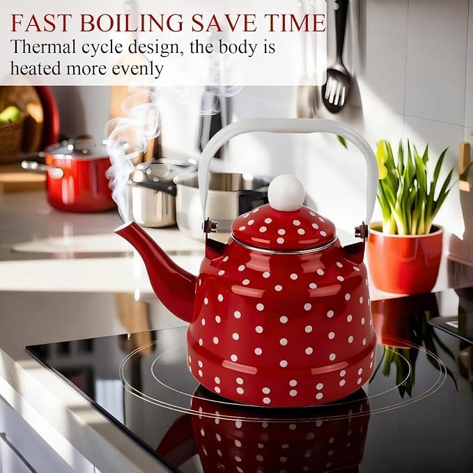 1.8 Quart Vintage Enamel Tea Kettle Stovetop,Enamel Water Kettle Teapot with Red and White Spots,Enamel on Steel Water Coffee with Handle,Hot Water Kettle for Hot Water,No Whistling,Wedding Gifts