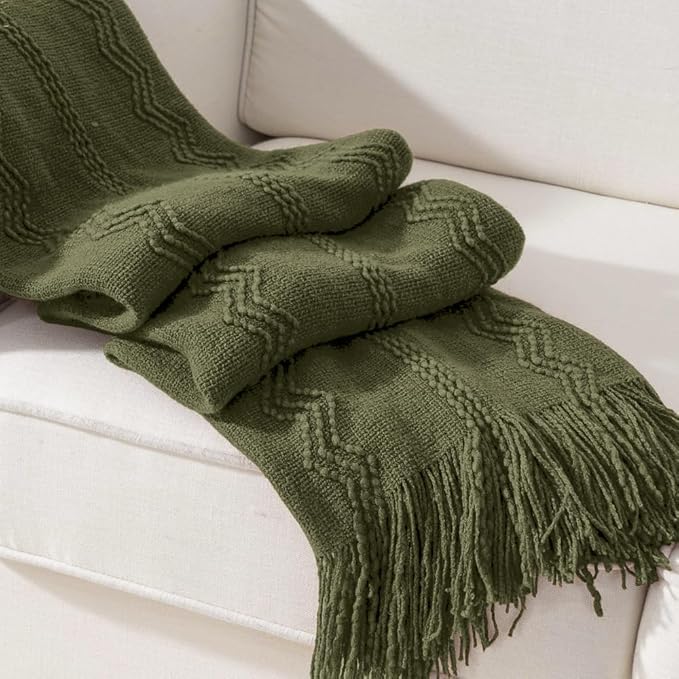 BATTILO HOME Olive Green Throw Blanket for Couch, 50"x60" | Dark Green Blanket with Tassels for Home Decor, Decorative Knitted Throw Blanket for Couch Cover