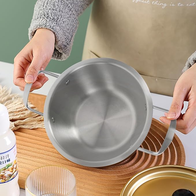 Zerodeko Stainless Steel Double Ear Soup Pot Non-stick Porridge Cooker with Lid for Instant Noodles Small Hot Pot and Korean Ramen Compact Design for Easy Carrying