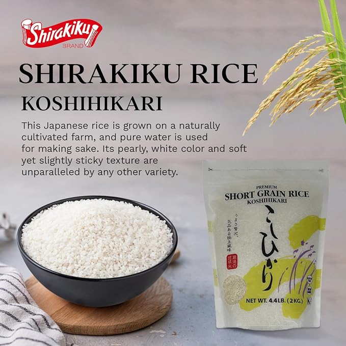 Shirakiku Dried Grains & Rice - Japanese Style Short Grain White Koshihikari - Uncooked Premium Quality Sweet Sticky Sushi Rice, 4.4 Pounds bag