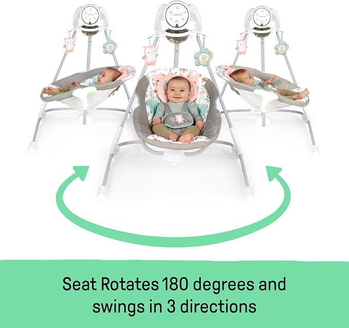 Ingenuity InLighten 5-Speed Baby Swing - Swivel Infant Seat, 5 Point Safety Harness, Nature Sounds, Lights - Nally Owl