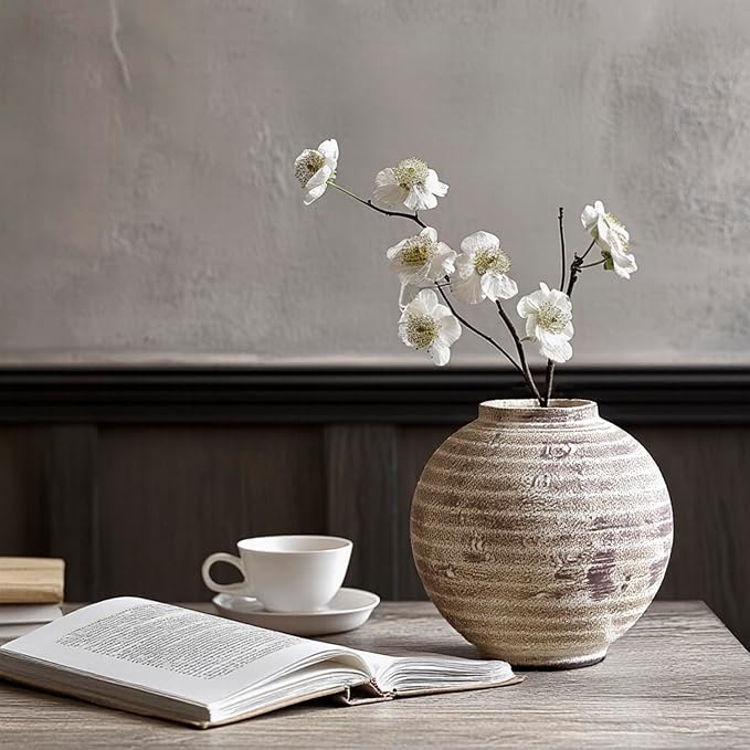 DIF DECO Ceramic Farmhouse Vase Rustic Decor,Pottery Decorative Flower Vases for Home Decor,Boho Vase for Table, Living Room,Bathroom,Shelf,Mantel Decoration,Light Brown (5.5 inch)