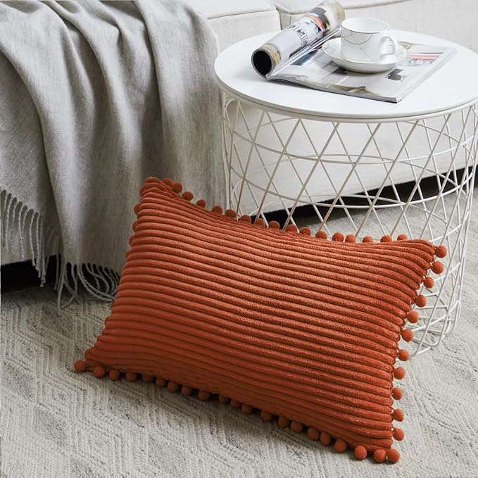 Fancy Homi 2 Pack Burnt Orange Lumbar Decorative Throw Pillow Covers 12x24 Inch with Pom-poms for Couch Bedroom Sofa, Soft Corduroy Rectangle Cushion Case 30x60 cm, Farmhouse Boho Fall Home Decor