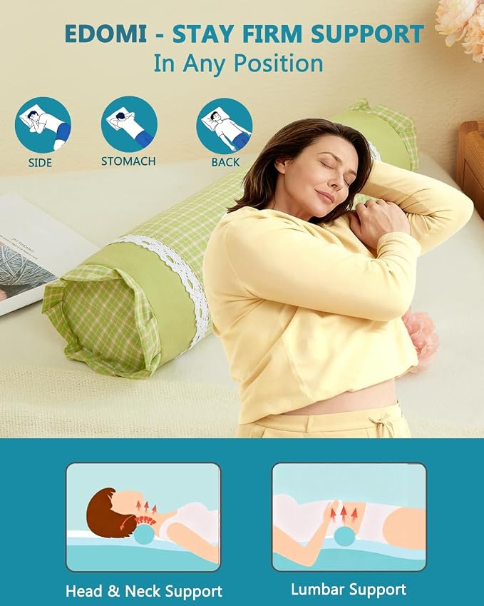 Extra Firm Buckwheat Cervical Roll Pillow – Customizable Support for Neck Pain, Yoga Relaxation, 15.7” x 4.7”, Machine-Washable Cover,Green