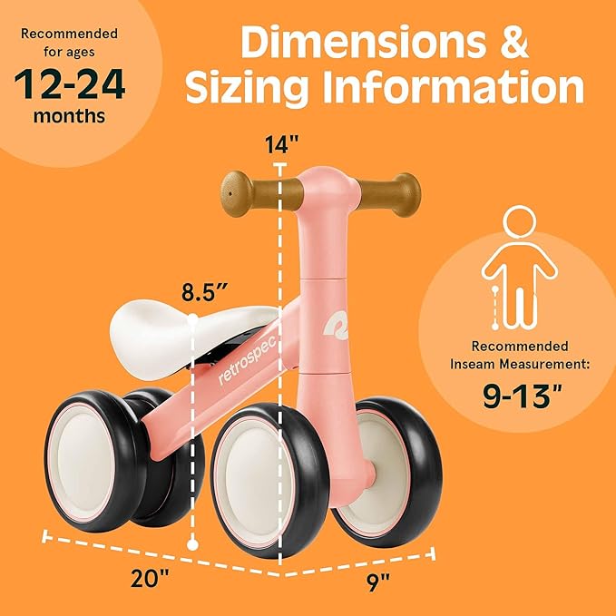 Retrospec Cricket 2 Baby Walker Balance Bike with 4 Wheels - Safe Learning Toy for Ages 12-24 Months - Scratch-Resistant Indoor Outdoor Toddler Riding Toy with Steering Limit & Soft Grips