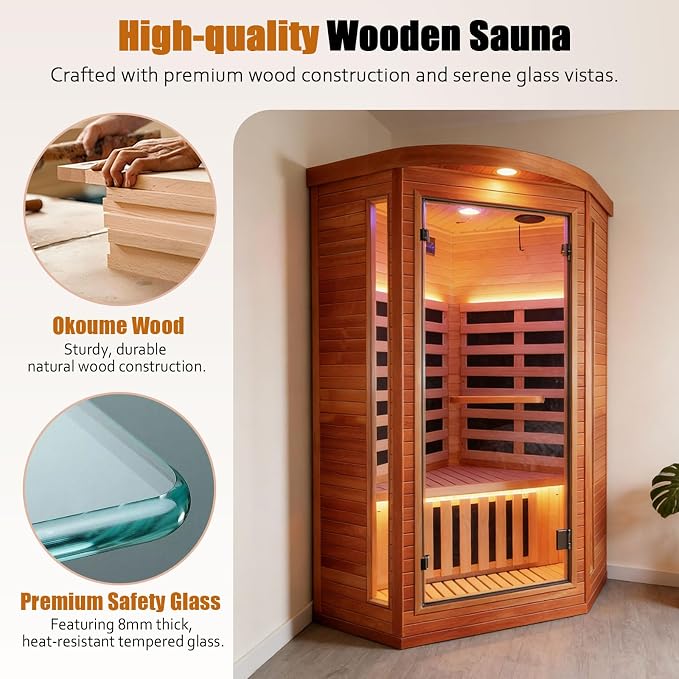 Corner Sauna Far Infrared Sauna 1 Person Home Saunas Indoor Wood Spa Room 1300W 120V with Red Light Bluetooth Speakers 37.4" x 37.4" x 70.9"
