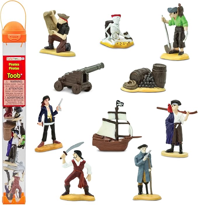 Safari Ltd. Pirates TOOB - 10 Figurines: Peg Leg Pirate, Lady Pirate, Skeleton, Cannon Balls, Cannon, Pirate Ship - Educational Toy Figures For Boys, Girls & Kids Ages 3+