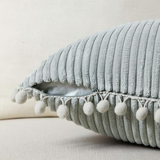 Fancy Homi Pack of 2 Farmhouse Decorative Throw Pillow Covers with Pom-poms, Soft Corduroy Accent Solid Square Cushion Case Set for Couch Sofa Bedroom Car Living Room (16x16 Inch/40x40 cm, Grey)