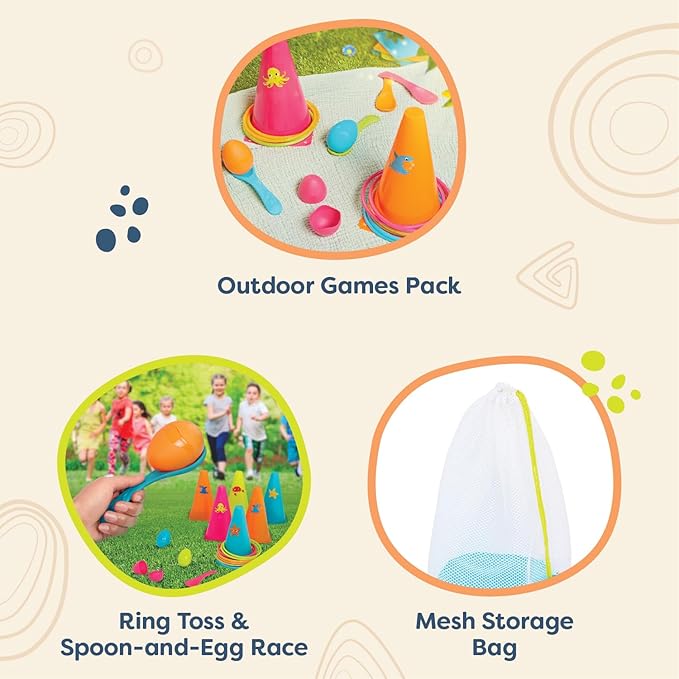 B. toys – Outdoor Games Galore Combo – Ring Toss & Egg-and-Spoon Game Set for Backyard Fun, Party Activities & Family Entertainment – Includes Easy-to-Grip Rings & Spoons – Kids Outdoor Toys 3+ Years