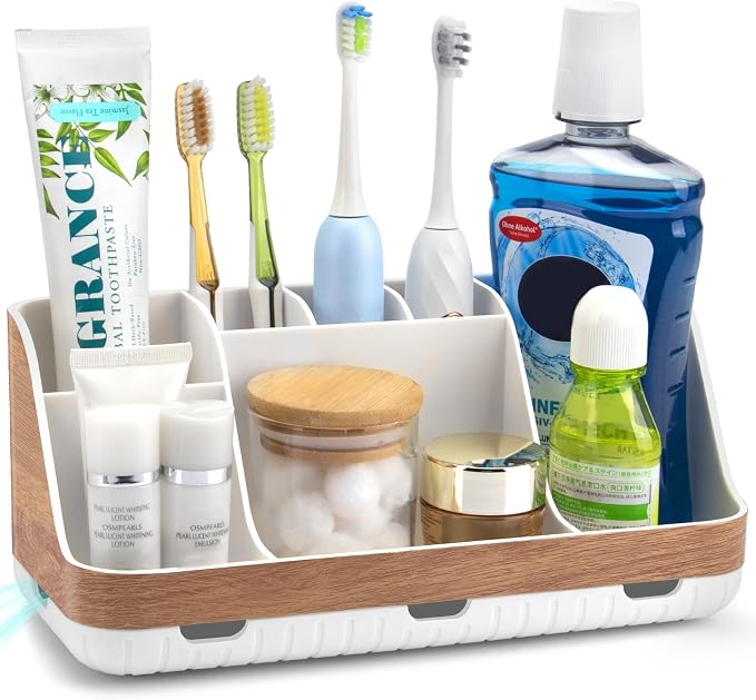 GFWARE Bathroom Countertop Organizer - Detachable 7 Slots Kids Electric Toothbrush and Toothpaste Holde Drainage for Bathroom Accessories Organization Counter Vanity Storage, Woodgrain