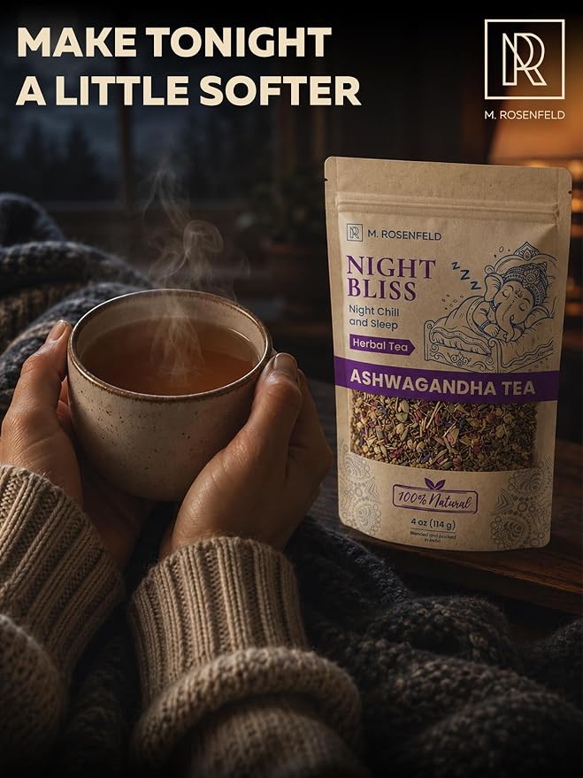Night Bliss Tulsi Ashwagandha Tea Loose Leaf - Evening Ritual Herbal Blend for Sleep Support & Relaxation - Caffeine Free with Holy Basil, Chamomile, Lemongrass & Lavender, 4 oz